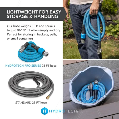Vista 6 de HydroTech Manguera de jardín expandible de 25 pies - Serie Pro, flujo máximo 2x, flexibilidad sin dobleces de 3/4", manguera ligera para césped