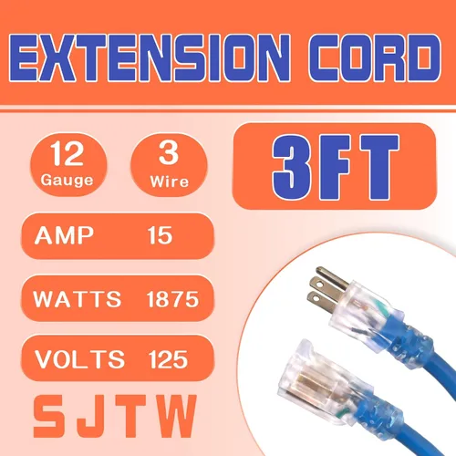 Vista 2 de Cable de extensión para interiores con extremo iluminado, cable de extensión resistente de calibre 12 de 3 pies, cable de extensión de 3 clavijas