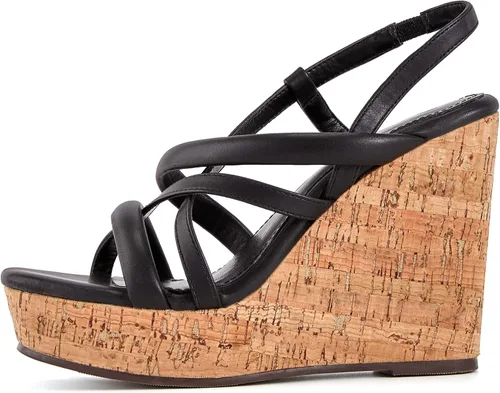 Vista 3 de Coutgo Sandalias de cuña para mujer con puntera abierta plataforma de corcho correa al tobillo zapatos elegantes de verano