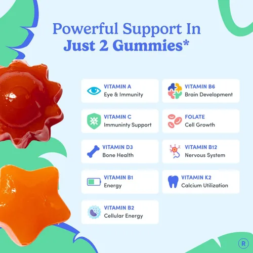 Vista 5 de First Day Gomitas multivitamínicas para niños de 4 años en adelante, fresa y naranja, vitaminas para niños, gomitas multivitamínicas A C D3 K2 B1 B2