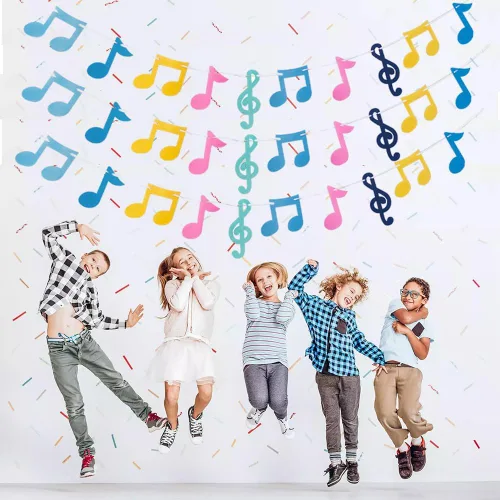 Vista 6 de 3 filas de notas musicales pancartas coloridas notas musicales guirnalda de fiesta temática de música decoración para Rock Roll cumpleaños, baby