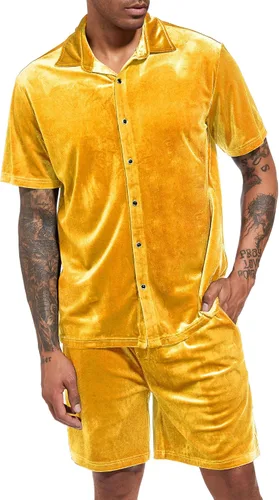 Vista 2 de LecGee Conjunto de pantalones cortos casuales de verano para hombre, camisa de terciopelo de manga corta con botones, pantalones cortos de cintura