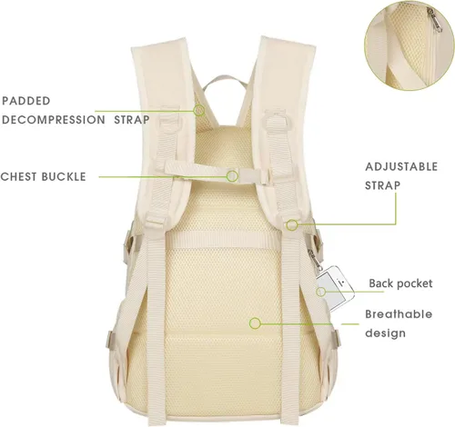 Vista 6 de Mochila Kawaii para niñas, bonita mochila estética para la escuela, mochila Kawaii con accesorios y colgante, Beige, Mochilas Tradicionales