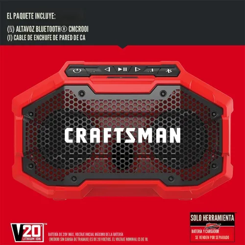 Vista 2 de CRAFTSMAN V20 Altavoz Bluetooth Portátil Inalámbrico, Solo Herramienta (CMCR001B), Rojo