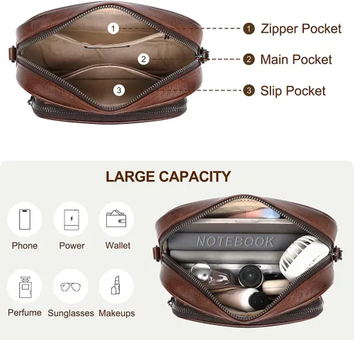 Vista 5 de COOLCY Bolsos cruzados de cuero genuino para mujer, bolsos pequeños y bolsos de mano, bolso vintage para mujer, bolso de hombro con 2 estilos