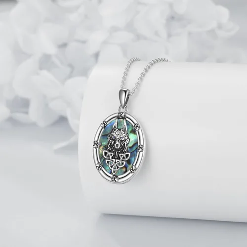 Vista 6 de Collar de plumas de lobo de plata de ley, collar de lobo con pata de lobo, nudo vikingo, collar de concha de abulón, regalo de cumpleaños