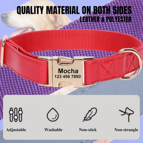 Vista 4 de Custom Large Dog Collar Solid Color Personalized Pet Collar Leather & Nylon Puppy Dogs ID Collars Engraved Name for Small Medium Large Dog