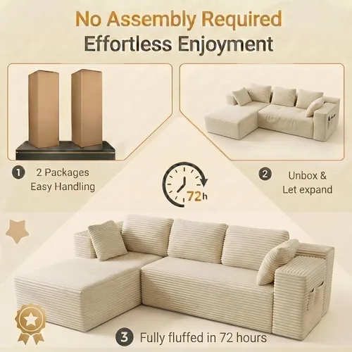 Vista 7 de Gizoon Sofá modular Cloud de 105 pulgadas con diván en forma de L, sofá modular sin hueso para sala de estar, sofá de pana tapizado con asiento Beige