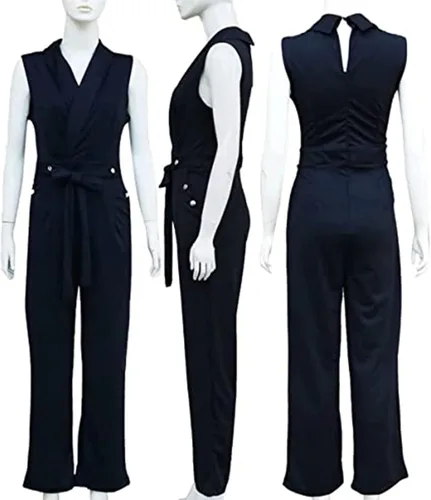 Vista 4 de Conjunto de trajes elegantes para mujer, con cuello en V, sin mangas, con cinturón recto, pantalones largos, con bolsillos
