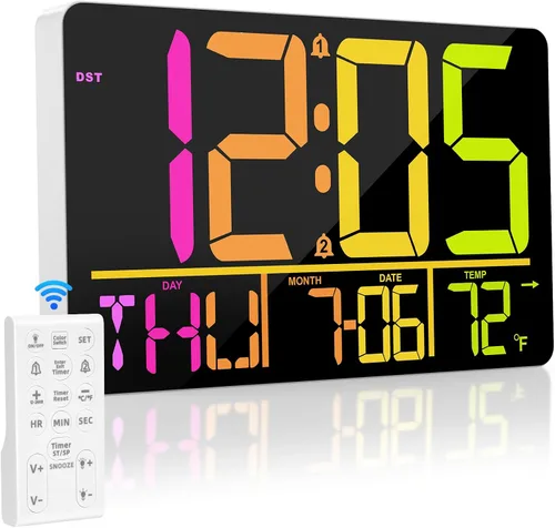 Vista 8 de PERSUPER - Reloj de pared digital de 13 pulgadas con control remoto, temperatura y temporizador