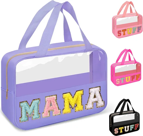 Vista 9 de izuzta Bolsas de maquillaje transparentes tipo tote con letras de chenilla, bolsa de maquillaje preppy con asa, Moda