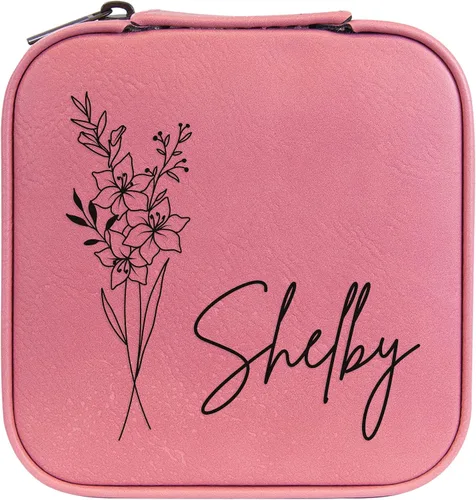 Vista 106 de Joyero de flores de nacimiento personalizado Estuche de viaje (cuero crudo, abril - guisante dulce)