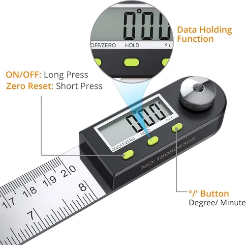 Vista 3 de Neoteck - Regla digital para buscador de ángulos de 8 pulgadas, transportador de acero inoxidable Digital Angle Gauge with Data Hold Function and