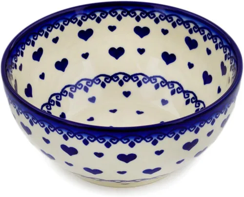 Vista 10 de Auténtico cuenco de cerámica polaca de 6 pulgadas en diseño de aciano azul, hecho a mano en Bolesławiec Polonia por Ceramika Bona + certificado