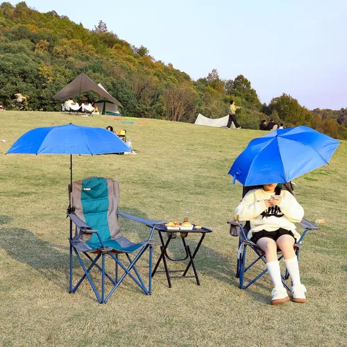 Vista 2 de Paquete de 2 sillas de camping con paraguas ajustable, silla de césped plegable con respaldo de bandera estadounidense, silla de camping acolchada
