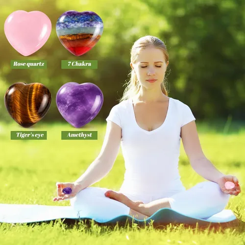 Vista 2 de Roowest 4 piedras de preocupación para el pulgar para la ansiedad, cristal natural, piedras curativas, chakras, amatista, ojo de tigre, cuarzo