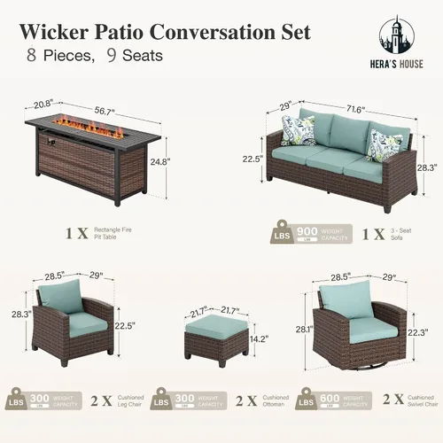 Vista 79 de HERA'S HOUSE - Juego de muebles para patio con mesa para fogata, muebles de mimbre para exteriores, sofá de conversación con asientos profundos