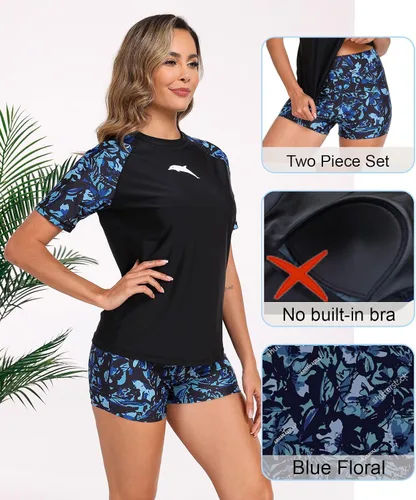 Vista 4 de Halcurt Conjunto de protección solar de manga corta de dos piezas para mujer, con UPF 50, camiseta de baño con pantalones cortos de tabla de surf
