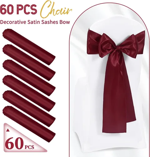 Vista 2 de 60 bandas de satén color burdeos para silla, diseño de lazos, para decoración de sillas de Acción de Gracias, boda, Navidad, banquetes, fiestas