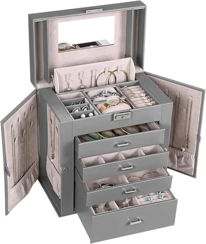 Vista 7 de BEWISHOME Joyero grande de 5 niveles organizador de joyas con espejo de cerradura para mujeres y niñas cajas de joyería para collares anillos aretes