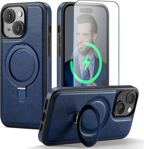 Vista 10 de Funda para iPhone 13 con soporte compatible con Magsafe, color negro Magnetic Kickstand, with Tempered Glass Screen Protector, Durable PU Leather