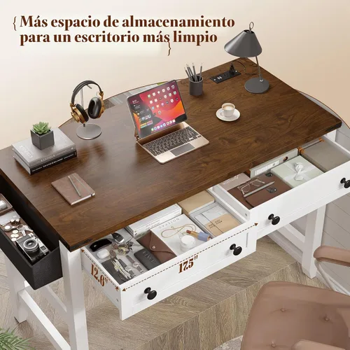 Vista 4 de EnHomee - Escritorio pequeño para computadora con tomas de corriente, escritorio blanco con 2 cajones, pequeña mesa de estudio y escritura