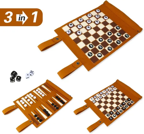 Vista 3 de Andux Juego de ajedrez portátil de microfibra de backgammon plegable PGSLQ-01 (ajedrez 3 en 1 - marrón)