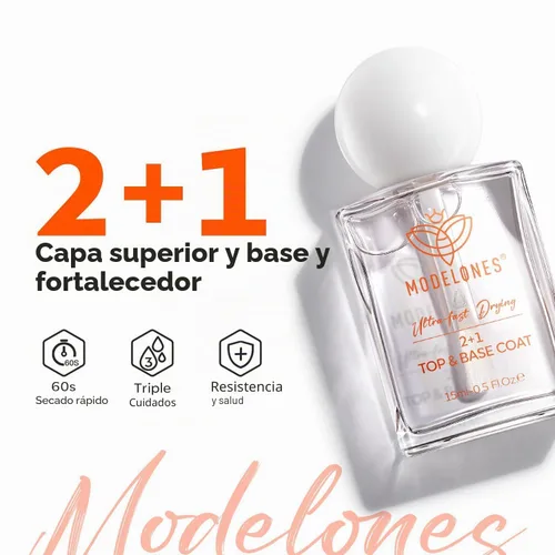 Vista 3 de modelones Esmalte de uñas, capa base 3 en uno, 0.5 onzas líquidas, fortalecedor de uñas transparente, secado rápido, larga duración, brillo