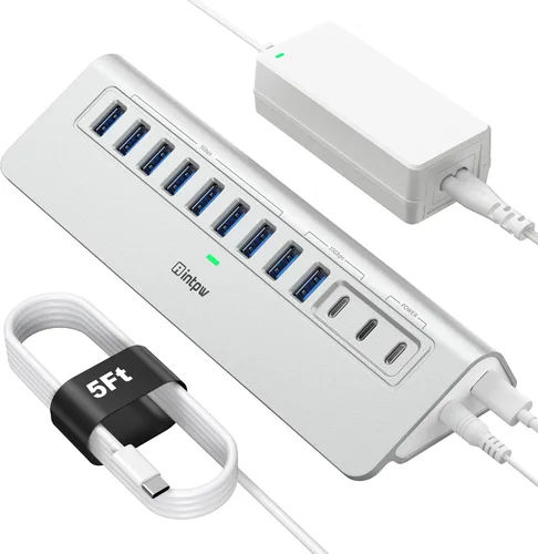 Vista 13 de Hub USB alimentado de 10 Gbps, intpw YH6AC Divisor USB de 9 puertos con USB A/USB C 3.2, 4 USB 3.0, 2 puertos de carga PD de 45 W, adaptador