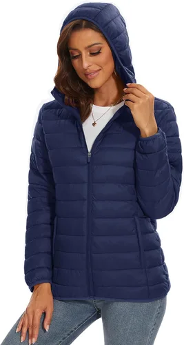 Vista 2 de MAGCOMSEN Chaqueta acolchada con capucha para mujer, ligera, acolchada, con 4 bolsillos, con cremallera, ropa cálida para invierno
