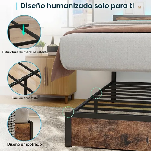 Vista 5 de SADENICEL Base de cama de tamaño matrimonial con almacenamiento, plataforma de cama de madera LED con cabecero, 2 cajones, estación de carga,