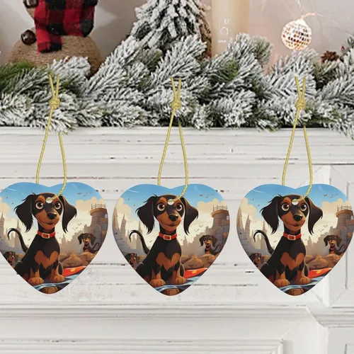 Vista 5 de I Love My Dog Dachshunds Adornos de Navidad de cerámica adorno de corazón para árbol de Navidad, corazón colgante de cerámica para árbol de Navidad