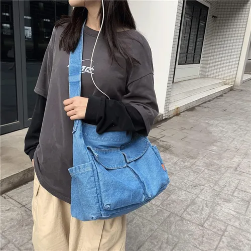 Vista 7 de Bolso de hombro de mezclilla de lona para mujeres y hombres, bolso de mano casual, retro, estético, bolso cruzado