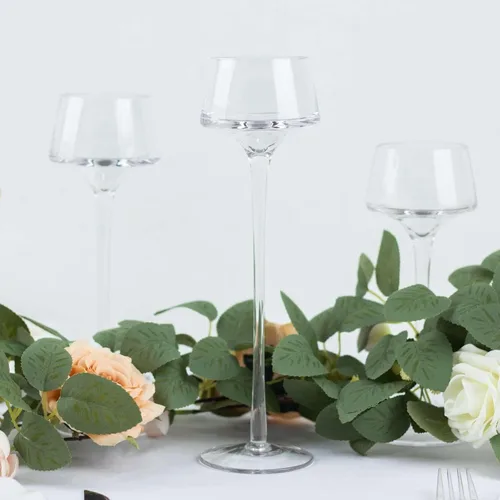 Vista 6 de Efavormart - Juego de 3 centros de mesa con pedestal de cristal transparente de tallo largo, portavelas de disco de candelita altos, 8, 9, 10