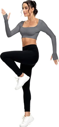 Vista 6 de Paquete de 3 camisetas cortas acanaladas sin costuras de manga larga con cuello cuadrado para mujer, entrenamiento, gimnasio, yoga