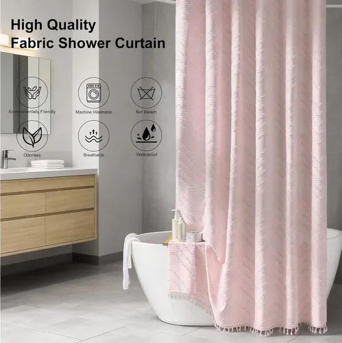 Vista 87 de Cortina de ducha Siiluminisoy de 36x72 beige, cortina de ducha de tela de tamaño pequeño, cortinas de ducha de tela con tufting, diseño chevron a