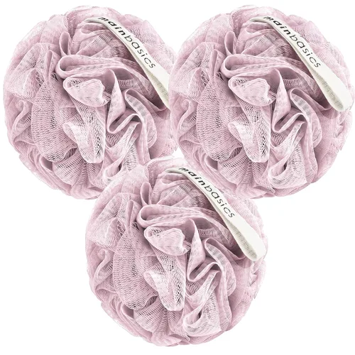 Vista 11 de MainBasics Esponja de esponja para baño y ducha, esponja para el cuerpo, exfoliante corporal (juego de 3, flor aireada) Esponja corporal de malla