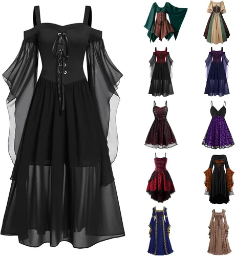 Vista 5 de anuyalue Vestido renacentista para mujer, manga de mariposa, con cordones, vestido de fiesta de Halloween, disfraz de bruja gótica, ropa medieval