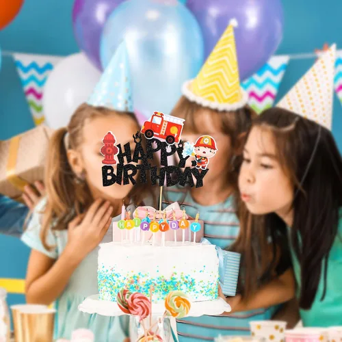 Vista 6 de Gyufise Decoración para pastel de cumpleaños con purpurina para bomberos, camión de bomberos, bomberos, pasteles, tema de baby shower, niños, fiesta