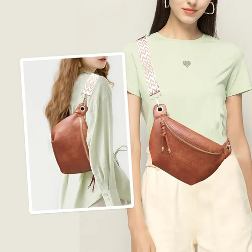 Vista 2 de Riñoneras para mujer, bolsos cruzados de moda, bolsos de pecho, bolso de cinturón con 2 correas ajustables, Marrón, Classic