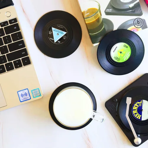 Vista 8 de Divertidos posavasos retro para bebidas con soporte para reproductor de vinilo, juego de 6 posavasos de elefante blanco para amantes de la música