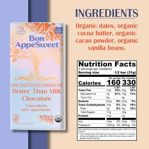 Vista 2 de Bon AppéSweet Barra de Chocolate Endulzada con Dátiles - Mejor que el Chocolate con Leche 2.2 Onzas (Pack de 3) Orgánico, Sin Azúcar Añadida