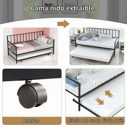 Vista 4 de Majnesvon Sofá cama de metal con nido, marco de cama de día de tamaño individual con nido extraíble, cama resistente para sala de estar, dormitorio