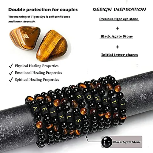 Vista 2 de BONNY BOXX Pulseras con iniciales para hombres, hechas a mano, natural, de ágata negra, cuentas de piedra de ojo de tigre, trenzadas, curativas