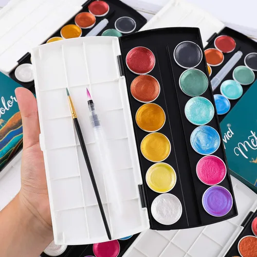 Vista 2 de Dyvicl Juego de pintura de acuarela metálica con purpurina, 12 acuarelas que cambian de color brillante, caja portátil con cepillo de agua, pinturas