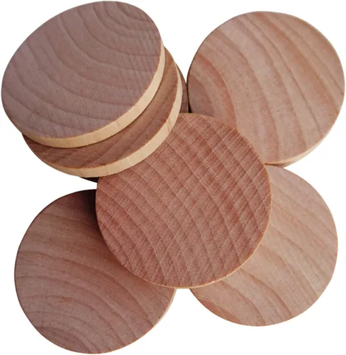 Vista 4 de Monedas de madera natural de 1.5 pulgadas sin terminar, piezas redondas de madera para proyectos de manualidades y artes, 50 por paquete.