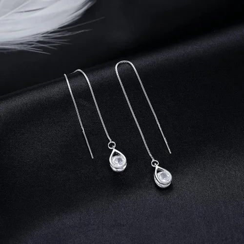 Vista 4 de Reffeer Solid 925 Sterling Silver CZ Droplet Chain Dangle Earrings for Women Teen Girls Tassel Dangle Earrings Threader
