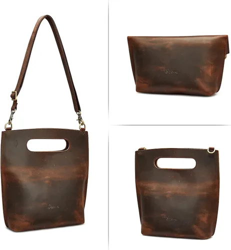 Vista 6 de S-ZONE Women Vintage Genuine Leather Crossbody Bag Distressed Foldable Clutch Top Handle Handbag Purse