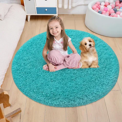 Vista 18 de Alfombra circular pequeña para dormitorio, 2 x 2 pies, color azul, para decoración de habitación de niños, redonda esponjosa para guardería