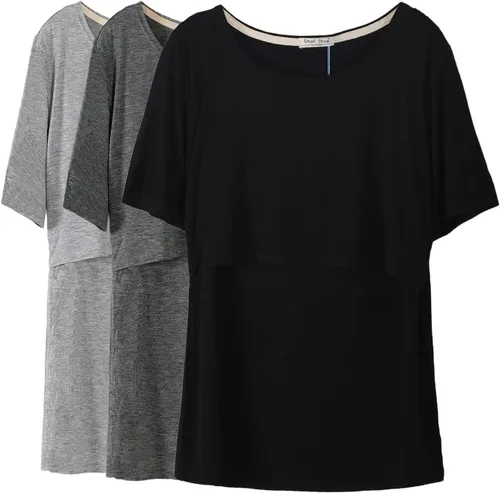 Vista 12 de Smallshow - Camisetas de lactancia para maternidad, manga corta, para mujer Verde militar-negro-gris oscuro (paquete de 3)